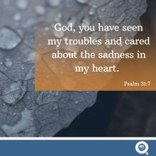 God, you have seen my troubles and care about the sadness in my heart.  Psalm 31:7